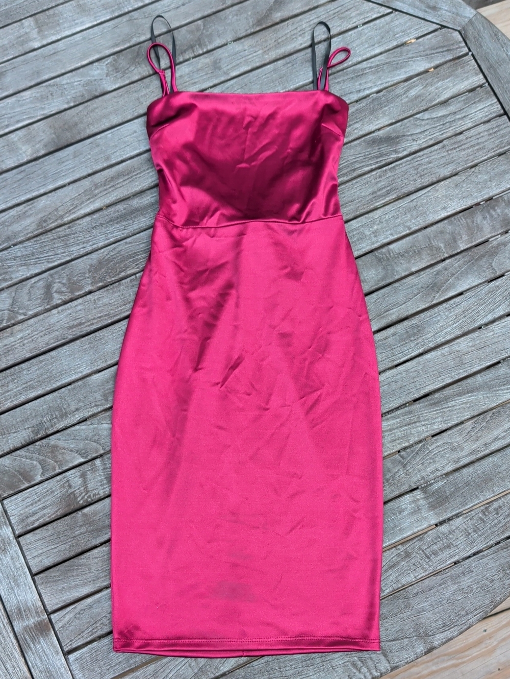 B Darlin Hot Pink Satin Midi Slip Dress with Double Spaghetti Straps